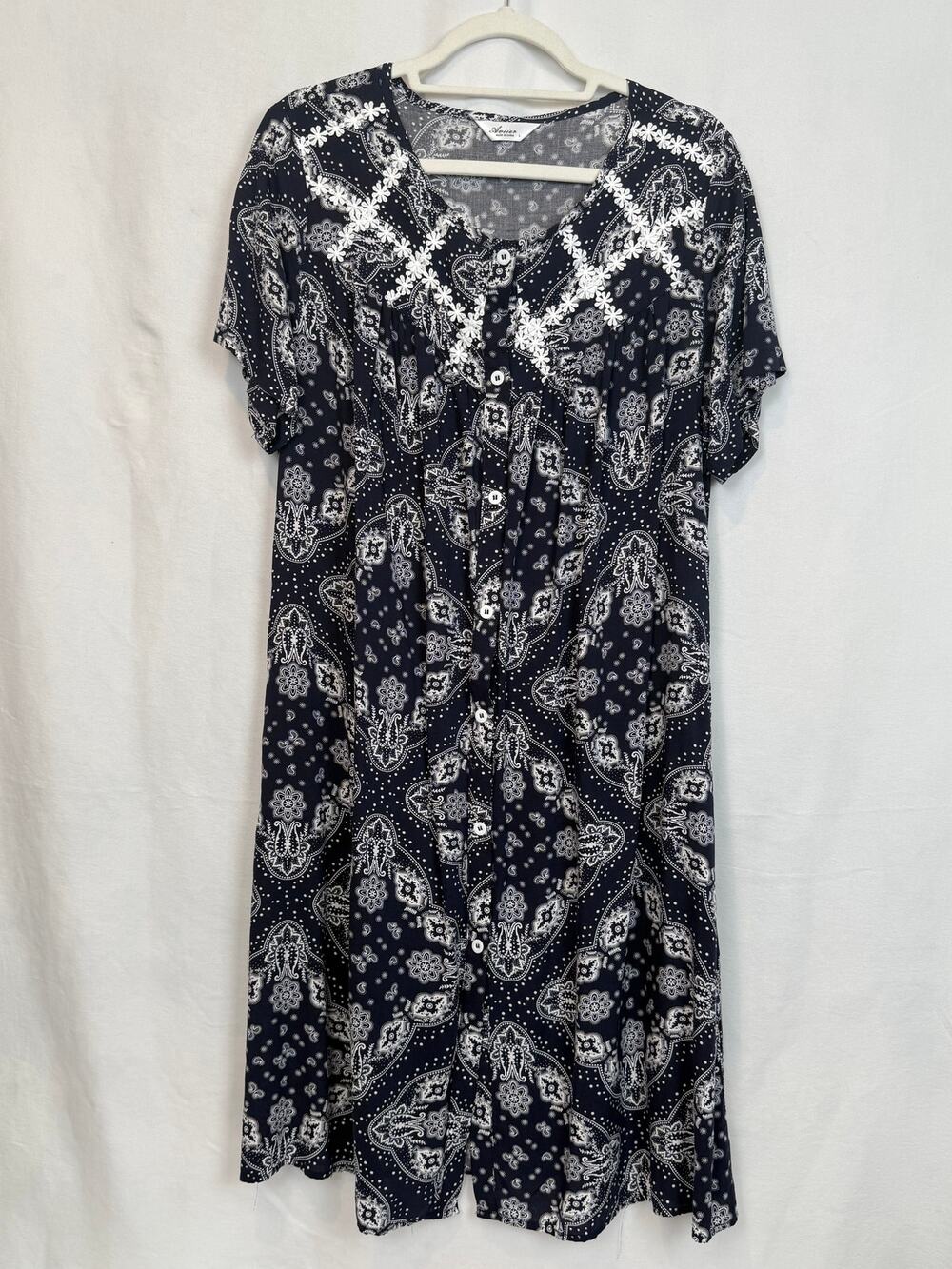 Aviier Navy Paisley Midi Dress Women Large Button Front Short Sleeve